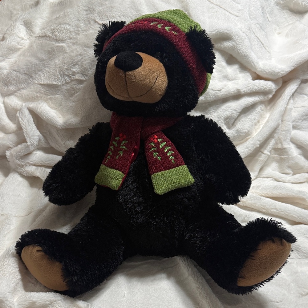 Golden Bear Company Inc. BLACK Bear with Scarf and Hat 21” inches.